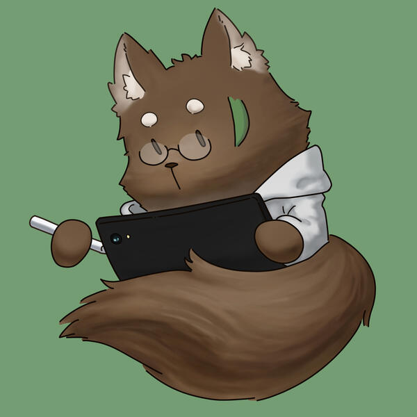 A picture of brown dog wearing glasses and white hoodie, holding white pen and black tablet. The dog's tail is big and folding in front of the body.