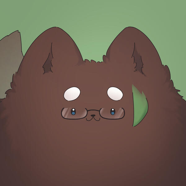 A picture of brown dog wearing glasses and white hoodie, holding white pen and black tablet. The dog's tail is big and folding in front of the body.